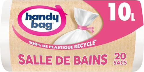 HANDY BAG Rollos de 20 bolsas de basura para baño de 10 L, 80% de plástico reciclado, cierre de enlace, adecuado para cubos de pequeño tamaño, 34 x 40 cm