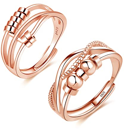 Loutade Silber Anxiety Rings, 2PCS 925 Sterling Silber Damen Angst Ringe Set, Offen Einstellbar Fidget Spinner Ringe Dekompressionsringe, Unisex Unendlichkeit Zappelring Anti-Stress Ringe Rosegold