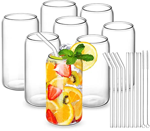 MEIMUCUL Bicchiere da Birra con Cannuccia,8PCS Tazze in Vetro a Forma di Lattina,500ml Tazza da Caffè Ghiacciata, Bicchiere da Cocktail Fantasia Vetro Frullato, Ideale per Caffè, Whisky, Soda ﻿