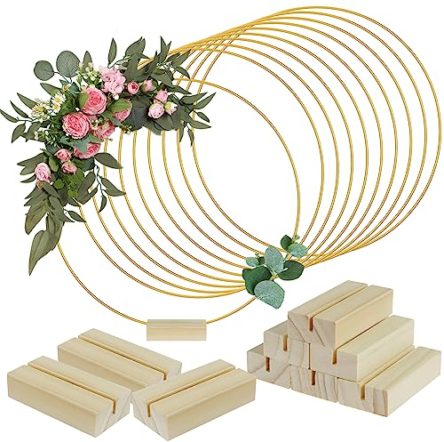 10Pcs Metal Floral Hoop Centerpiece with 10 Wood Stands 30cm/12inch Round Gold Hoop Ring Sturdy DIY Wreath Ring Table Decoration for Wedding Party Birthday