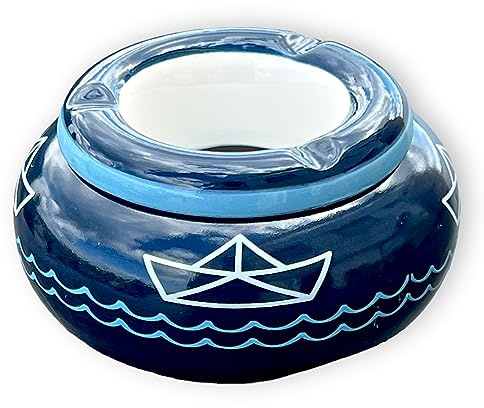 MIJOMA Cendrier coupe-vent en dolomite, cendrier de table en céramique avec couvercle, résistant aux intempéries, pour intérieur et extérieur (bleu foncé, pot de papier maritime, diamètre 11 cm)