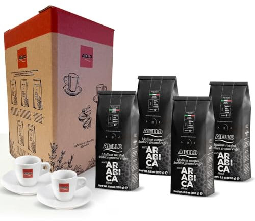 CAFFE' AIELLO SPECIAL BOX - 4X250 Gr Soft Pack 100% ARABICA - Tostatura Media - In Atmosfera Protettiva con Valvola Salva-Freschezza + Coppia di Tazzine con Piattini di Vera Porcellana Dura Italiana