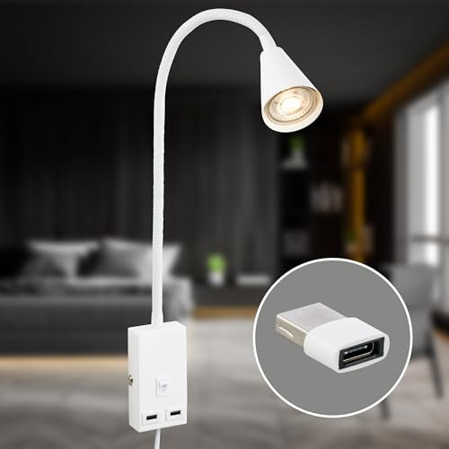Briloner - Lámpara de lectura con puerto USB, interruptor on/off, giratorio, enchufe, aplique de interior, lámpara de pared, lámpara de cama, 50 cm de altura, blanco