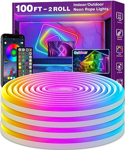 NUERPO 30M Neon Rope Lights,Flexible Rope Lights Control with App/Remote,Multiple Modes Strip Lights,IP65 Outdoor RGB Led Neon Waterproof,Music Sync Gaming Led Neons Light Strip for Bedroom Decor