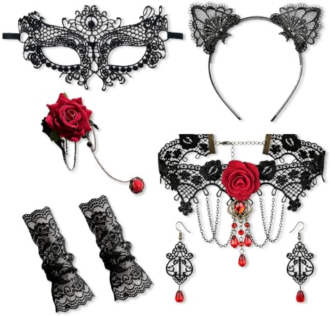 Piacolnic 6 Pièces Collier Ras du Cou Gothique, Bracelets Gothiques en Dentelle Noire et Rouge, Collier-Masque-Gants Gothique avec Boucles d'oreilles pour Halloween, Punk et Costume Médiéval