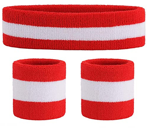 ONUPGO Sweatband Set (3 Pieces) Sports Headband Wrist Striped Sweatbands Terry Cloth Wristband Athletic Exercise Basketball Wrist Sweatband and Headbands Moisture Wicking Sweat Absorbing Head Band