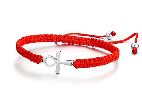 VNOX Acier Inoxydable Croix Ankh Avec Fait Main Bonne Chance Rouge Corde Corde Tressée Réglable Bracelet Pour Les Femmes