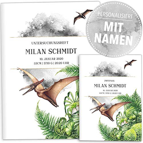 OLGS U-Heft Hüllen Set Dinosaurier Untersuchungsheft Hülle & Impfpasshülle schöne Geschenkidee personalisierbar mit Namen und Geburtsdatum (U-Heft Hüllen Set personalisiert, Ptero)