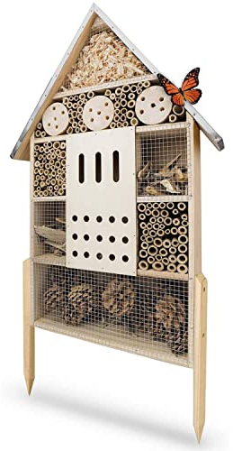 Wildlife Friend | Casa per Insetti – Casetta per le Api, Coccinelle e Altri Insetti (Non Formiche) – Realizzata in Legno Resistente e Tetto in Metallo – 57x30x9 cm, Altezza con Supporto 76 cm