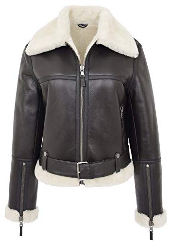 A1 FASHION GOODS Luxuriöse braune Damen-Fliegerjacke aus echtem Schaffell, weißes Lammfell, Harriet, braun, 40