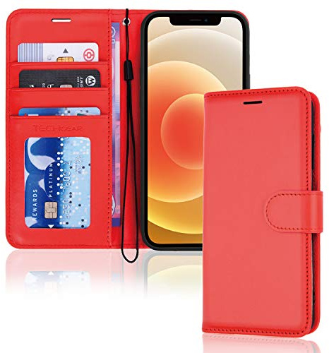 TECHGEAR iPhone 12/iPhone 12 Pro plånboksfodral i läder, vikbart skyddande fodral med plånbokskorthållare, stativ och handledsrem – rött PU-läder med magnetisk stängning för iPhone 12/12 Pro