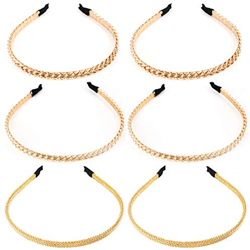 Jubaopen 6 Stück Metall Haarreifen Elastisches Haarband Haarreife Vintage Schmale Haarreif Mädchen Retro Gold Ketten Haarreifen Stirnbänder Anti-Rutsch Zähne (3 Stile)