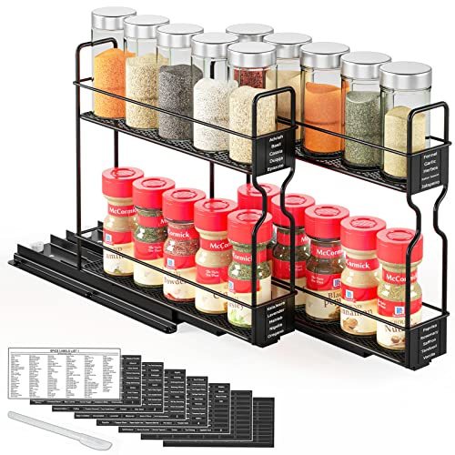 SpaceAid Pull Out Spice Rack Organizer for Cabinet, Heavy Duty Slide Out Seasoning Kitchen Organizer, Cabinet Organizer, with Labels, 5.2 W x10.75 D x10 H, 2 Drawers 2-Tier