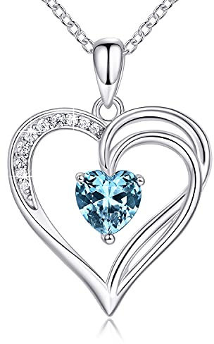 AM ANNIS MUNN 925 Sterling Silber Kette Herz Halskette Damen Geburtsstein Halskette für Frauen Doppelherz Kette Silber Schmuck Damen Geschenke für Frauen Mama Freundin (03-Aquamarin)