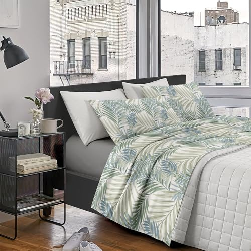 IlGruppone Passione Casa Completo Letto Lenzuola Matrimoniale,100% Cotone, Set letto, Lenzuolo Sopra, Sotto e Federe 2 Piazze - Fiorellini blu (Palme Verdi)