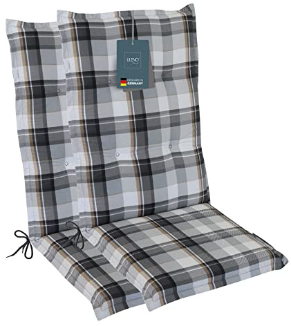 LILENO HOME Gartenstuhl Auflagen als [2er Set - Hochlehner] in Karo Grau | bequeme Liegen als Sitzauflagen für Gartenmöbel - Stuhlkissen für Gartenstühle und Klappstühle