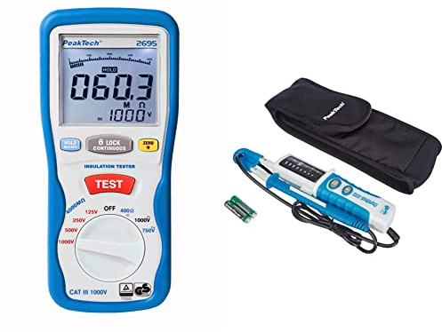 PeakTech 2695 - Testeur d'Isolation Électrique, Voltmètre, Testeur de Continuité, Circuits et Fusibles & Testeur de Tension AC/DC 2 Pôles, Affichage LED, Résistant à la Poussière et aux Éclaboussures