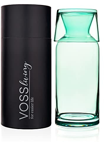 VOSS Living,Nachttisch-Wasserkaraffe, 669 ml Karaffe und Glas-Set – infundierter Wasserkrug – Nachttisch-Karaffe und Glas, für Büro und Schreibtisch, Glaskrug, Mundspülung, Dekanterflasche (Meergrün)