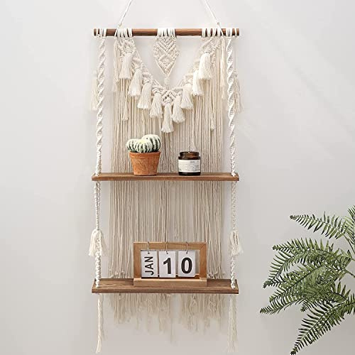 Dormitology Boho Makramee Wandregal, 2 Schichten Handgemachte Holz Schweberegal Wanddeko, Böhmische Regal für Balkon Badezimmer Wohnzimmer (Doppelt)