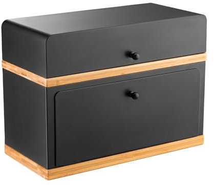 Kos Design brotkasten schwarz - 2 Etagen Brotbox Metall Holz, Brotaufbewahrung für Küche, Brotbox mit Metall Brotdose, Stilvolle Bread Box Aufbewahrungsbox für Brot und Gebäck, Robuste Brotkiste