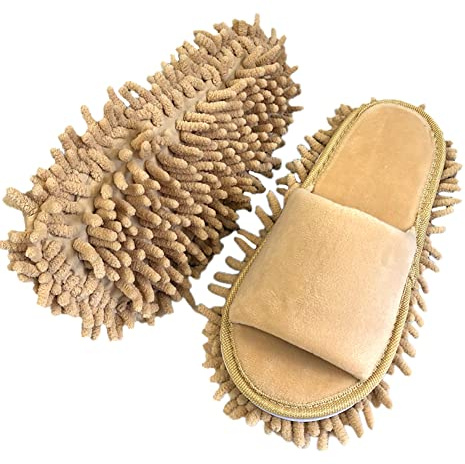 Volicph Rengöringstofflor med rengörande avtagbara tofflor mikrofibersula golvrengöring tofflor dammtrasa tofflor moppskor rengöringsskor, Beige sammet, 35/38 EU