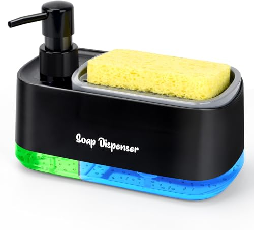 Bestseek Set dispenser di sapone per mani e piatti per cucina, doppio dispenser di sapone con supporto per spugna, dispenser 3 in 1 per sapone da appoggio per lavello da cucina, utili gadget da