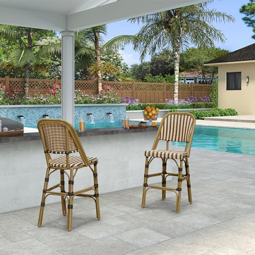 PURPLE LEAF französischer Barhocker 2er-Set, Barstühle mit Geflochten-Finish, Outdoor-Tresenhocker Rattan, Alu-Gestell, mit Rückenlehne & Aluminium Gestell, Braun