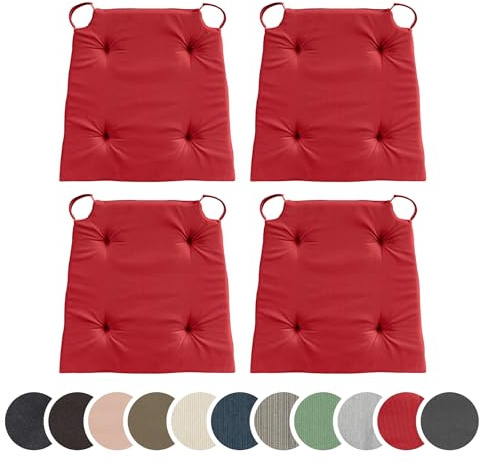 sleepling 4er Set Stuhlkissen, 42 (vorne) 35 (hinten) x 40 x 5 cm, Rot | Sitzkissen für Stuhl & Bank mit Klettverschluss, Indoor & Outdoor, 100% Baumwolle, Made in EU, Waschbar bis 30 Grad, 4 Stück