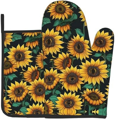 Set di 2 guanti da forno e presine con girasole e guanti da cucina resistenti al calore per cottura barbecue decorazione domestica
