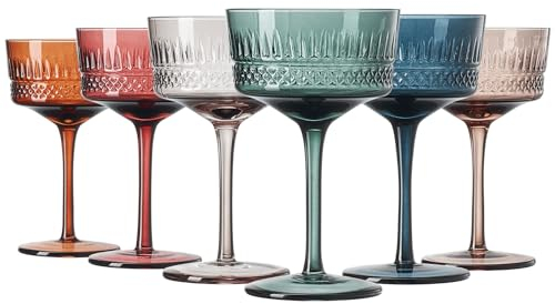 Khen Colored Vintage Art Deco Glasses - Martini, Margarita, Cocktail & Champagne Ribbed Glasses | Set of 6 | Cute Pastel Crystal Cocktails Glassware, Stemmed Glassware Gift - Vintage Coupe 9.6oz
