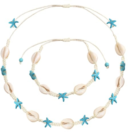 Wnddle 2 Stück Muschel Halskette Armband Set, Muschelkette und Muschelarmband, Damen Natural Shell Choker Halsketten Armband Schmuck Set Boho Muschelkette, Natural Shell Choker Halskette