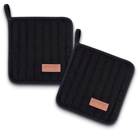 MEISTERKOCH Topflappen 2er Set Topfuntersetzer Schwarz, 100% Baumwolle, 250°C hitzebeständig, PU beschichtet, waschbar bei 40°C, Steppnaht