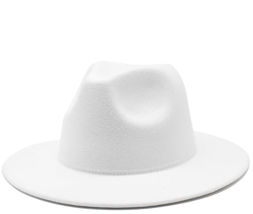 Happyupcity Cappello Fedora bianco a tesa larga in feltro per donne e uomini regolabile classico abito Panama cappello Trilby, bianco, Taglia unica