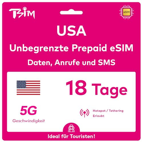 USA eSIM 18 Jours. Réseau T-Mobile avec Données Illimitées à Haute Vitesse, Appels Locaux et SMS aux USA (Hawaï Inclus). Recevez eSIM Même Jour par Email et Commencez à Utiliser Immédiatement!