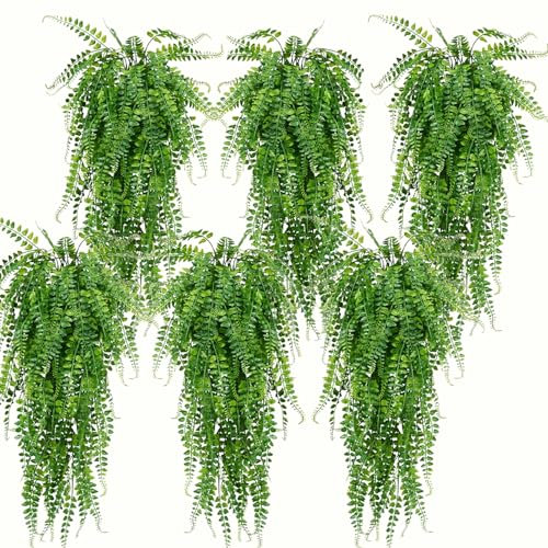 Duscdesp Artificial Hanging Plant Indoor,Fake Plant Vines Decorative Faux Greenery Plants,Fake Ivy Plastic Artificial Hanging Plants for Indoor Outdoor Decor (6 Pcs Fern Plants)