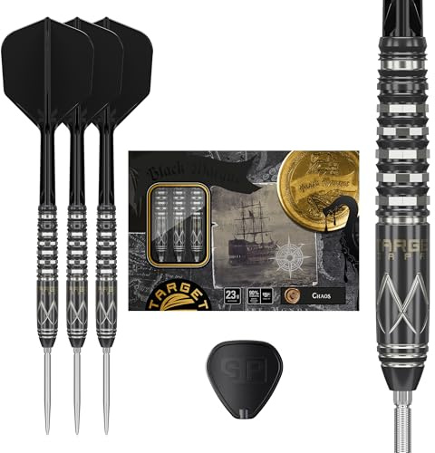 Target Japan Black Marque Chaos 90% Tungsten K-Flex Swiss Point Steeldarts Set, 23G | KFlex Dart Flight, Swiss Nano Points, Schwarz & Silber Steeldarts Spitzen mit K Flex integrierten Schäften