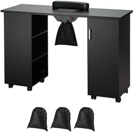 VEVOR Manicure Nail Table, Mobile Nail Station with Powerful Dust Collector, MDF Nail Tech Desk with 8 Lockable Wheels, 3 Dust Bag & Wrist Rest, Nail Art Workstation for Home Spa Beauty Salon