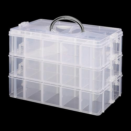 CHUIFAI Scatola Plastica Trasparente, Scatola con Scomparti a 3 Livelli, Box assortimento con manico e 30 scomparti, per accessori da cucito, artigianato, gioielli, 24 x 15,5 x 18 cm