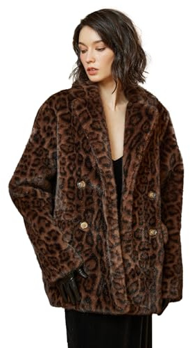 BEAUTELICATE Damen Kunstpelz Jacke Leoparden Mantel Warm Umlegekragen Winterjacke Wintermantel Kunstfell Mantel mit Taschen Langarm Casual Zweireihig Coat Übergangsjacke Midlang Outwear