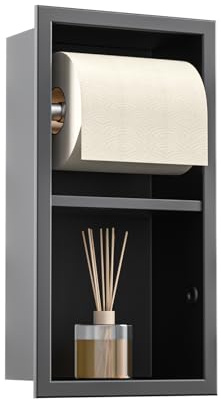 Bernkot Unterputz-Toilettenpapierhalter Edelstahl, WC Badezimmerschrank mit Toilettenpapierhalter Halterung, Klopapierhalter mit aufbewahrung, 34×18×10cm, Schwarz
