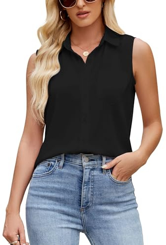 SPRING SEAON Womens Sleeveless Satin Blouse Button Down Shirt with Chest Pocket Solid Casual V Neck Summer Tank Tops for Work Office Black