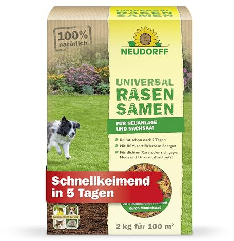Neudorff UniversalRasenSamen – Hochwertige Rasensamen für die Neuanlage oder Nachsaat jeder Gartenfläche für 100 m². Schnellkeimend in nur 5 Tagen, 2 kg