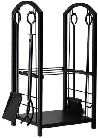 HSIRYAOHD Porte-bûches de cheminée avec 4 outils de cheminée, support de rangement en fer forgé avec tisonnier, pince, brosse et pelle, support de rangement empilable en bois pour intérieur et