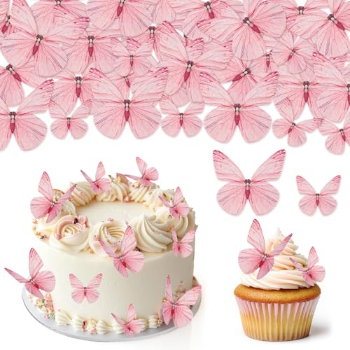 72 Stück Rosa Schmetterlinge Tortendeko Essbar | 3D Kuchen Deko, Essbare Cupcake Deko für Hochzeit, Geburtstag, Jubiläum