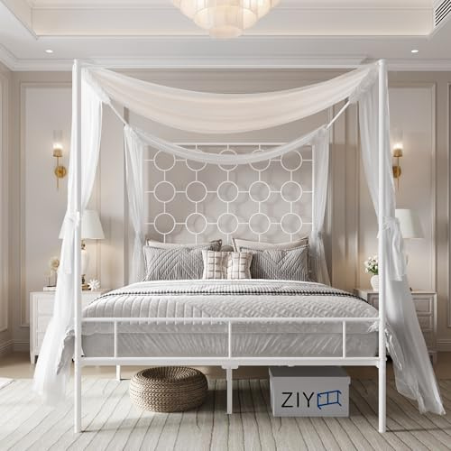 PAUKIN White Metal Canopy Bed Frame Queen/Mattress Foundation with Steel Slat Support/No Box Spring Needed/Easy Assembly (White, Queen)
