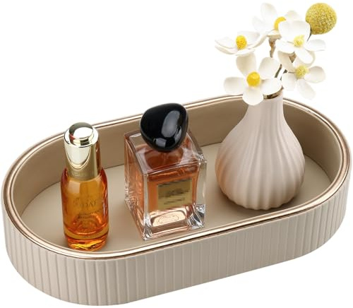 GORESE Vassoio da Bagno, Ovale Vassoio Decorativo in Pelle Vassoio Portaoggetti Vassoio per Profumi Svuotatasche Vassoio da Portata per Bagno,Cucina,Tavolo,Soggiorno,Camera da Letto(Beige)