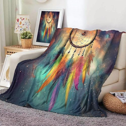 MIATCENRT Manta Franela para Cama, Manta para Sofá 220x240cm, Suaves esponjosa Microfibra Blanket, Color Plumas Atrapasueños Estampado Espacio Mantas Calentitas para Niños y Adultos, Gris Verde