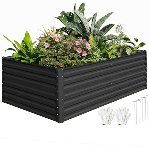 DWVO Hochbeet Metall 240x120x60cm mit Handschuhen, Gartenhochbeet aus Stahl, Rostfrei & Wetterfest, Stabiles verzinktes Beet mit Sicherheitsgummi für Gemüse Blumen Obst, Schwarz