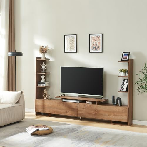 [en.casa] Mobile Porta TV con 6 Ripiani Laterali Stand Multimediale a 2 Vani Chiusi con Ante a Ribalta Scomparto Aperto 233x31x141 cm Soggiorno - Effetto Noce