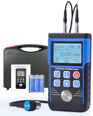 Misuratore di spessore ad ultrasuoni 0,8-500 mm, alta precisione ± 0,05 mm, misuratore di spessore con sonda 5 MHz (φ10 mm), risoluzione 0,01 mm, modalità MAX/AVG/MIN per acciaio/nylon/ceramica
